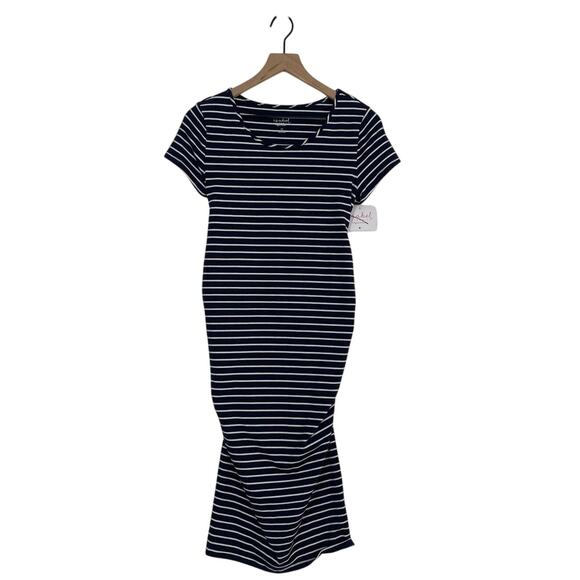 NEW Isabel Maternity XS Short Sleeve Striped T-Shirt Navy Maternity Dress Knee - Picture 2 of 10